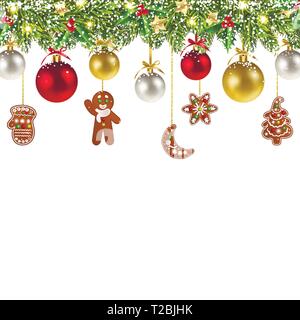 Weihnachten Banner mit Weihnachten Lebkuchen und Kugeln auf weißem Hintergrund Stock Vektor