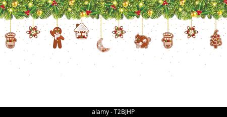 Weihnachten Banner mit Garland und Weihnachten Lebkuchen auf weißem Hintergrund Stock Vektor