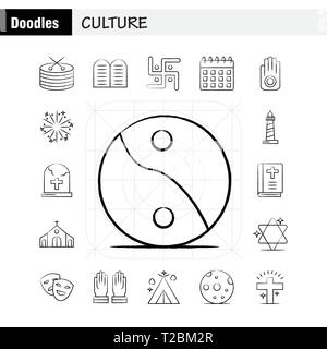 Kultur Hand gezeichneten Symbole für Infografiken, Mobile UX/UI-Kit und Print Design. Gehören: Trommel, Hand, Instrumente, Musik, Religion, Gebote, Fait Stock Vektor