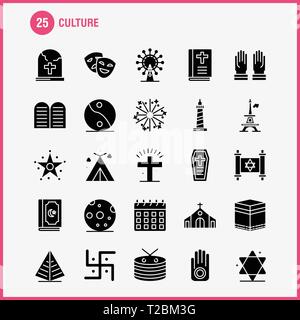 Kultur Feste Glyphe Icons Set für Infografiken, Mobile UX/UI-Kit und Print Design. Gehören: Trommel, Hand, Instrumente, Musik, Religion, Gebote, Fai Stock Vektor