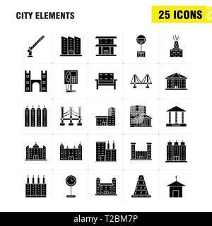 Stadt Elemente solide Glyphe Icons Set für Infografiken, Mobile UX/UI-Kit und Print Design. Gehören: Auto, Fahrzeug, Reisen, Transport, Brunnen, Wasser Sho Stock Vektor