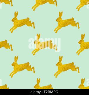 Goldene Ostern nahtlose Muster mit Kaninchen auf einem grünen Hintergrund. Vector Illustration. Stock Vektor