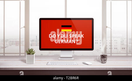 Sie Deutsch auf dem Computer Display mit einer Flagge von Deutschland sprechen. Online studieren, lehren Konzept. Stockfoto