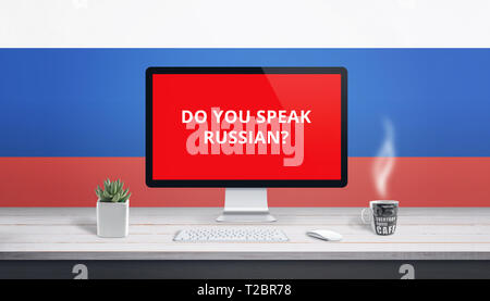 Konzept der Studium der russischen Sprache online wih Frage sprechen Sie Russisch auf dem Computer anzuzeigen, und russische Flagge im Hintergrund. Stockfoto