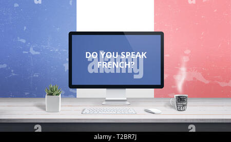 Französisch Unterricht online. Konzept Unterricht Sprache online mit Text haben Sie Französisch auf dem Computer Display sprechen. Stockfoto