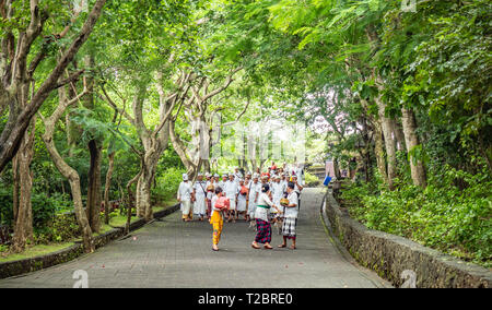 Balinesen, lokale Familien, tragen alle weiß, in einer Prozession zum Pura Luhur Uluwatu Tempel, um zu beten und Essen zum Meer Geister zu spenden. Bali Stockfoto