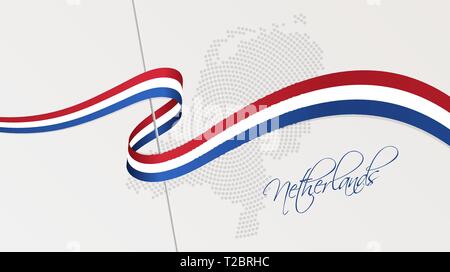 Vector Illustration der abstrakten radial gepunktete Rasterung Karte der Niederlande und gewellten Band mit National Flagge Farben für Ihr Design Stock Vektor