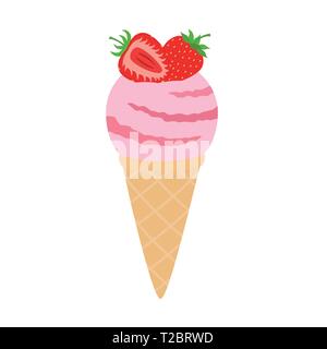 Erdbeereis in Waffle Kegel. Vector Illustration auf weißem Hintergrund isoliert Stock Vektor