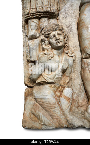 Römische Sebasteion Relief des Kaisers und römischen Volkes, Afrodisias Museum, Aphrodisias, Türkei. Vor einem weißen Hintergrund. Die empero Stockfoto