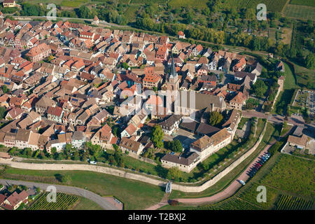 LUFTAUFNAHME. Mittelalterliche Stadt mit ihrem umliegenden Stadtwall. Bergheim, Haut-Rhin, Elsass, Grand Est, Frankreich. Stockfoto