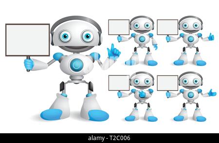 Weiße Roboter vektor Zeichen sprechen während Sie leere Plakette für Text und Technik Informationen für Design Präsentationen. Freundlich android Stock Vektor