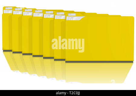 Büro, Dokumentenablage und Organisation mit Computern. Serie von gelben Ordner mit verschiedenen Dokumenten. Stockfoto
