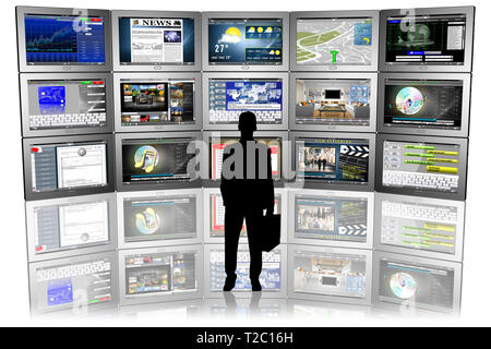 3D-Darstellung. Mann in silhouettedi vor der Serie von Tabletten mit verschiedenen Anwendungen. Stockfoto