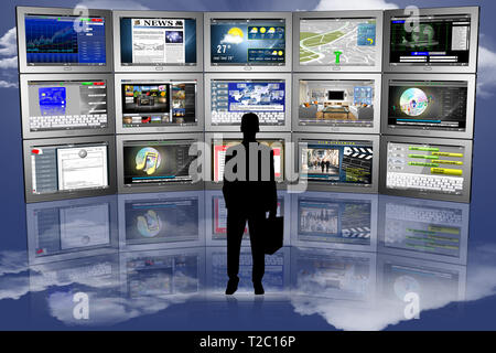 3D-Darstellung. Mann in silhouettedi vor der Serie von Tabletten mit verschiedenen Anwendungen. Stockfoto