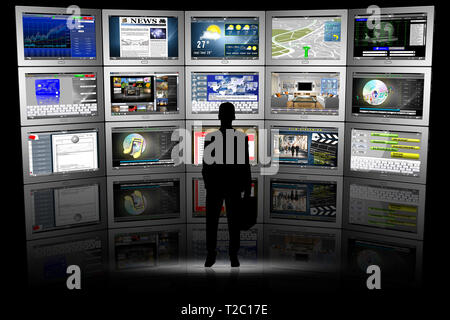 3D-Darstellung. Mann in silhouettedi vor der Serie von Tabletten mit verschiedenen Anwendungen. Stockfoto