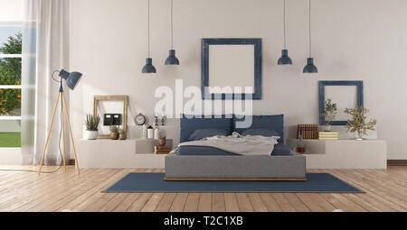 Moderne, weiße und blaue Schlafzimmer mit Doppelbett auf einem weißen Mauerwerksbau - 3D-Rendering Stockfoto