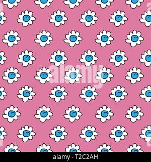 Weißen Gänseblümchen nahtlose Muster auf einem rosa Hintergrund. floral blau nahtlose Kamille Zeichnung. Vector Illustration. Stock Vektor