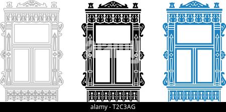 Detail der Russischen traditionellen Holzhaus. Geschnitzte Fenster platband. Vector Illustration. Schwarz, Schwarz und Weiß, farbige Silhouette. Stock Vektor
