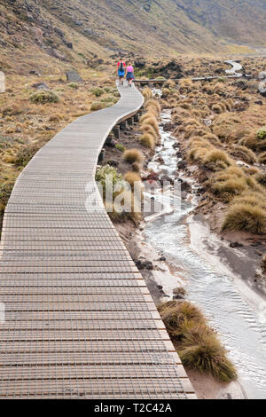 Holzsteg am Tongariro Alpine Crossing tramping Track, einer der beliebtesten Wanderungen in Neuseeland. Titel Crossing die Tongariro National Stockfoto