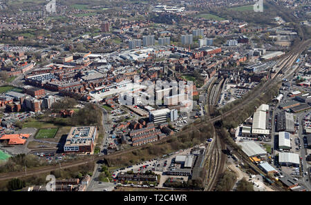 Luftaufnahme von Wigan Stadtzentrum, Greater Manchester Stockfoto