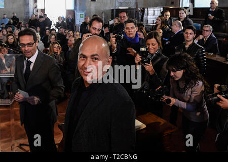 Der Regisseur Ferzan Ozpetek ab heute Ehrenbürger von Neapel, die Preisverleihung fand in der Sala dei Baroni am Maschio Angioino, mit der Anwesenheit der Schauspielerin Silvana Ranieri und der Bürgermeister Luigi De Magistris. 29.03.2019, Neapel, Italien Stockfoto