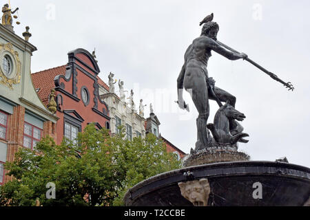 08. Juli 2018, Polen, Danzig: der Neptunbrunnen mit Bronze Statue der Meer Gott steht in der Langgasse in Danzig. Der Brunnen wurde im Jahre 1633 errichtet. Danzig (Polnisch Gdansk) ist eine Hafenstadt an der Ostseeküste von Polen. Foto: Holger Hollemann/dpa Stockfoto