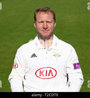 LONDON, ENGLAND. 01. APRIL 2019: Gareth Batty im Surrey County Cricket Club Media Day, der Kia Oval, London, UK. Quelle: European Sports Fotografische Agentur/Alamy leben Nachrichten Stockfoto