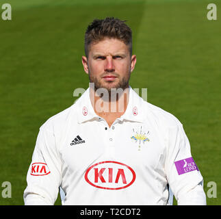 LONDON, ENGLAND. 01. APRIL 2019: Stuart Meaker im Surrey County Cricket Club Media Day, der Kia Oval, London, UK. Quelle: European Sports Fotografische Agentur/Alamy leben Nachrichten Stockfoto