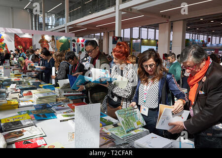 Bologna, Italien. 1. April 2019. Aussicht von der Bologna Kinderbuchmesse öffnung Tag bei Fiera District in Bologna, Italien. Credit: Massimiliano Donati/Erwachen/Alamy leben Nachrichten Stockfoto