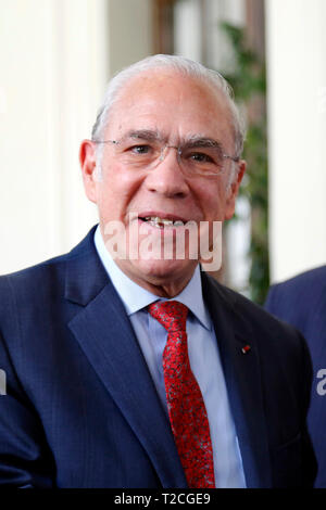 Rom, Italien. 01 Apr, 2019. OECD-Generalsekretär Angel Gurria Rom am 1. April 2019. Präsentation der OECD-Bericht über Italien 2019. Der Bericht sagt, nachdem eine leichte Erholung, die italienische Wirtschaft geschwächt ist. Foto di Samantha Zucchi/Insidefoto Credit: insidefoto Srl/Alamy leben Nachrichten Stockfoto