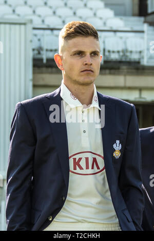 London, Großbritannien, 1. April 2019. Conor McKerr vor das Team Fotos. An einem sonnigen Tag am Kia Oval, Surrey County Cricket Club hielt ihre Medien Tag für die 2019 Cricket Saison. David Rowe/Alamy Leben Nachrichten. Stockfoto