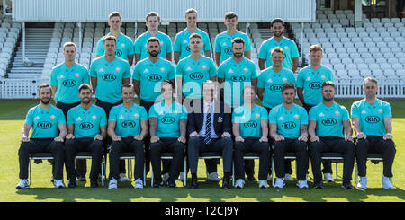 London, Großbritannien, 1. April 2019. An einem sonnigen Tag am Kia Oval, Surrey County Cricket Club hielt ihre Medien Tag für die 2019 Cricket Saison. David Rowe/Alamy Leben Nachrichten. Stockfoto