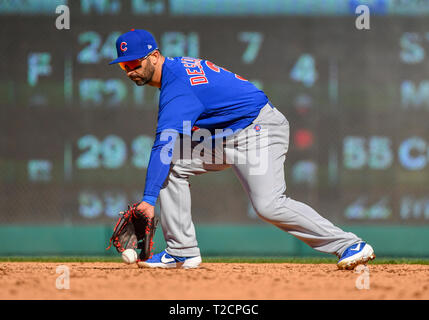 Mar 31, 2019: Chicago Cubs zweiter Basisspieler Daniel Descalso #3 Während eine MLB Spiel zwischen den Chicago Cubs und der Texas Rangers bei Globe Life Park in Arlington, TX Texas besiegt Chicago 11-10 Albert Pena/CSM. Stockfoto