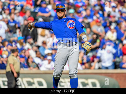 Mar 31, 2019: Chicago Cubs shortstop Javier Baez #9 Während eine MLB Spiel zwischen den Chicago Cubs und der Texas Rangers bei Globe Life Park in Arlington, TX Texas besiegt Chicago 11-10 Albert Pena/CSM. Stockfoto