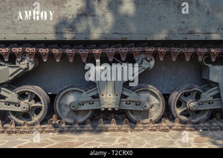 LA ROCHE-EN-ARDENNE, Belgien - 23 April 2011: Nahaufnahme, Detail der Sherman Panzer M4A1 Amboy der USA Armee in La Roche-en-Ardenne als Mich Stockfoto