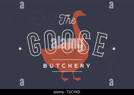 Gans. Logo mit Gans Silhouette, text Gans, Metzgerei Stock Vektor
