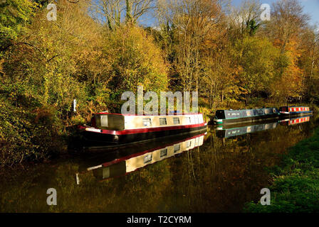 Narrow-boot Reflexionen im Kennet und Avon Canal an Murhill Wharf. Stockfoto