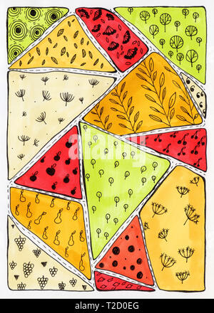 Abstrakte bunten Hintergrund in doodle Stil. Vertikale patchwork Hintergrund von Rot, Orange, Gelb, Grün und Beige Patches. Handgezeichnete Abbildung w Stockfoto