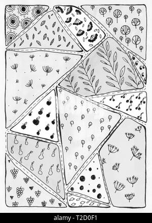 Abstrakten monochromen Hintergrund in doodle Stil. Vertikale patchwork Hintergrund von Dreiecken mit Ornamenten gefüllt. Hand Abbildungen mit geom gezeichnet Stockfoto