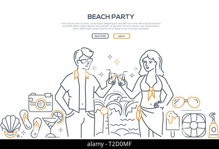 Beach Party - modernes Design Stil Banner auf weißen Hintergrund mit Kopie Platz für Text. Eine Komposition mit jungen Mann und Frau mit Cocktails, SLI Stock Vektor