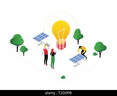 Erneuerbare Energien - moderne und farbenfrohe isometrische Vector Illustration auf weißem Hintergrund. Eine Komposition mit dem männlich, weiblich Zeichen mit einem großen ligh suchen Stock Vektor