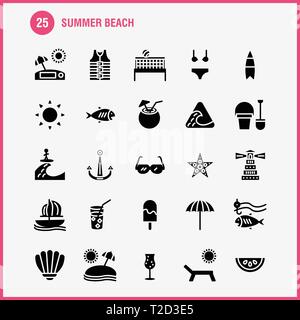 Strand feste Glyph Icon Pack für Designer und Entwickler. Symbole von Fisch, Meer, Sterne, Seesterne, Kokos, Frucht, Tropisch, Strand, Vektor Stock Vektor