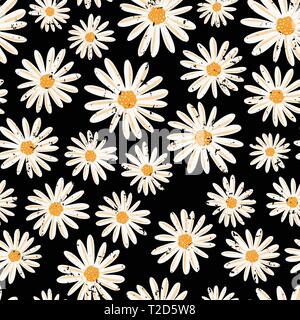 Vintage Gänseblümchen Blumen nahtlose Vektor-Muster. Distressed weißen Kamillenblüten auf schwarzem Hintergrund. Moderne, saisonal wechselnde Fliesen mit Blümchenmuster Stock Vektor