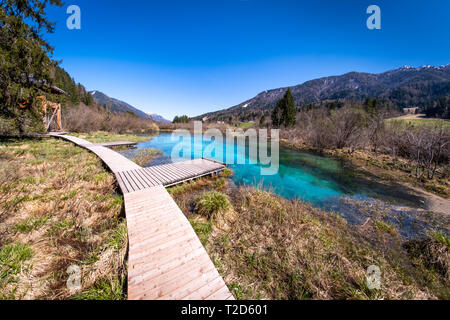 See Zelenci, die Quelle des Flusses Sava Dolinka, mit der Beobachtung trail Fußgängerbrücke in Nature Reserve in der Nähe der Stadt von Kranjska Gora in Slowenien Stockfoto