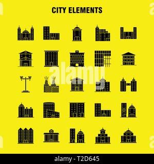 Stadt Elemente solide Glyphe Icons Set für Infografiken, Mobile UX/UI-Kit und Print Design. Gehören: Tower, Gebäude, Stadt, Büro, Gebäude, Turm, Ci Stock Vektor