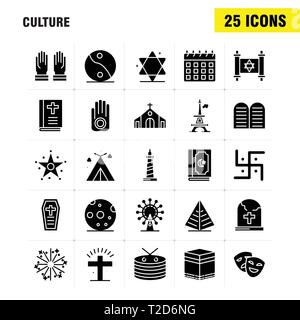 Kultur Feste Glyphe Icons Set für Infografiken, Mobile UX/UI-Kit und Print Design. Gehören: Trommel, Hand, Instrumente, Musik, Religion, Gebote, Fai Stock Vektor