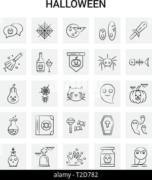 25 Hand gezeichnet Halloween Icon Set. Grauer Hintergrund Vektor Doodle Stock Vektor