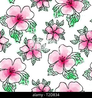 Blume Blumen isoliert Vektor mit zarten Tinte schwarz und rosa Aquarell Stil gezeichnet. Nahtlose Muster Stock Vektor