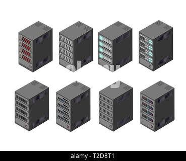 Daten Server Netzwerk Technologie der Vernetzung Telekommunikation computer. Set isometrische 3D-Vektor Abbildung: Cloud Computing Equipment Datenbank ce Stock Vektor