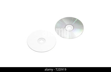 Leere weiße Compact disk Mockup, isoliert, Seitenansicht, vorne hinten, 3D-Rendering. Leere cd Mock up. Klar, Musik oder Film. Runde für Informationen, die Vorlage zu speichern. Stockfoto